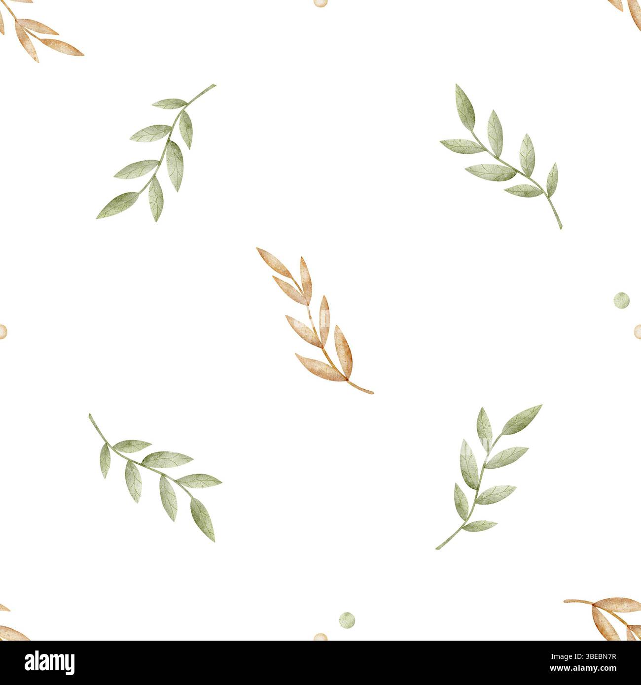 Minimalistisches Beige, grüne Blätter, Zweige. Aquarellillustration handgezeichnet im Kinderstil. Nahtloser Druck auf isoliertem Hintergrund für Stockfoto