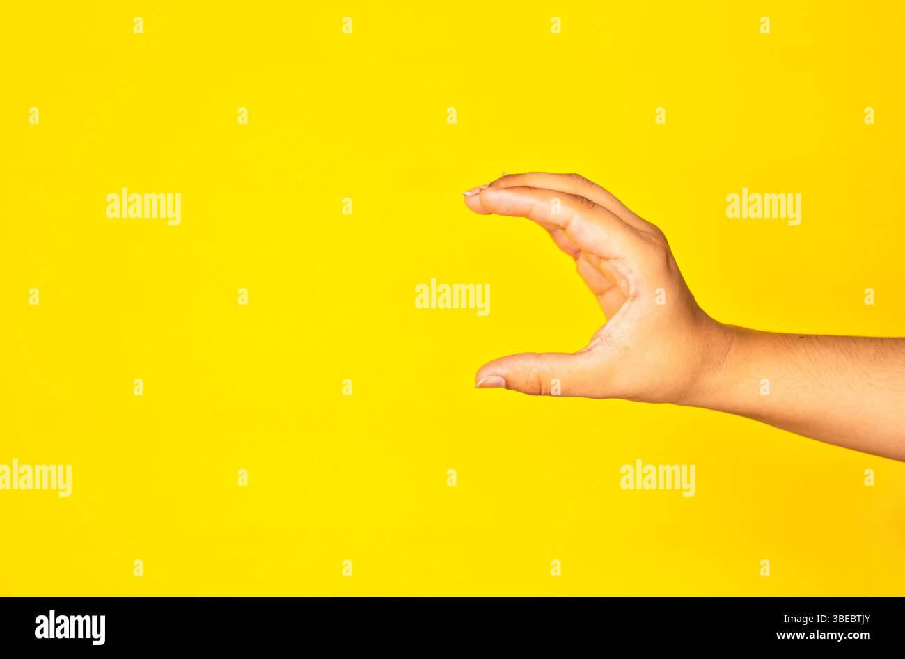 Ein gestochen scharfes Studiobild mit einer Hand, die sich in einer Empfangsposition gegen eine gelbe Wand ausstreckt. Dieser vielseitige Rahmen kann für Grafiken verwendet werden Stockfoto
