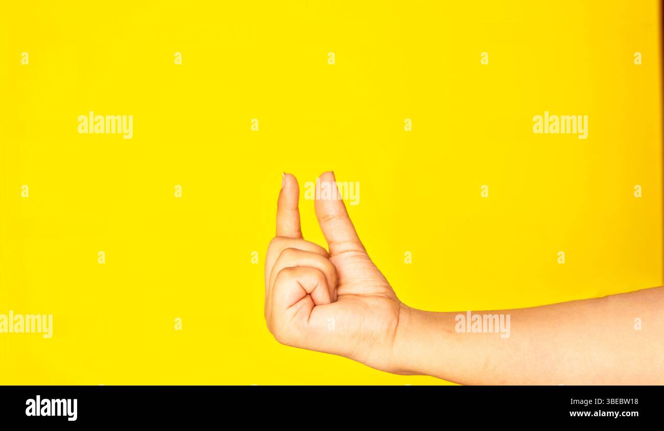 Eine menschliche Hand, die in einer gehaltenen Geste gefangen wird, isoliert vor einem hellen, einheitlichen Hintergrund. Dieses kontrastreiche Bild eignet sich perfekt für Werbemockups, UI/UX d Stockfoto