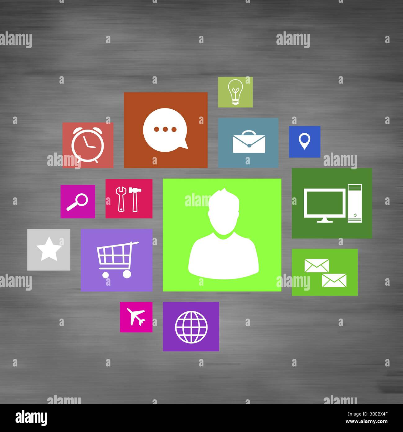 Gruppe von bunten Programmsymbole auf Wand Hintergrund Stockfoto