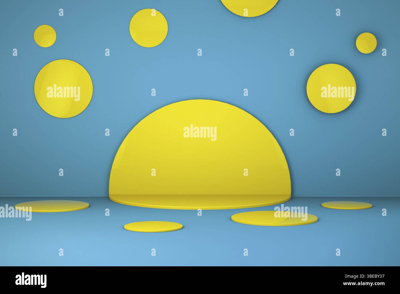 Gelber Tisch mit blauem Hintergrund. Ort für Produkte. Kreissockel. Hochwertige 3D-Illustration Stockfoto