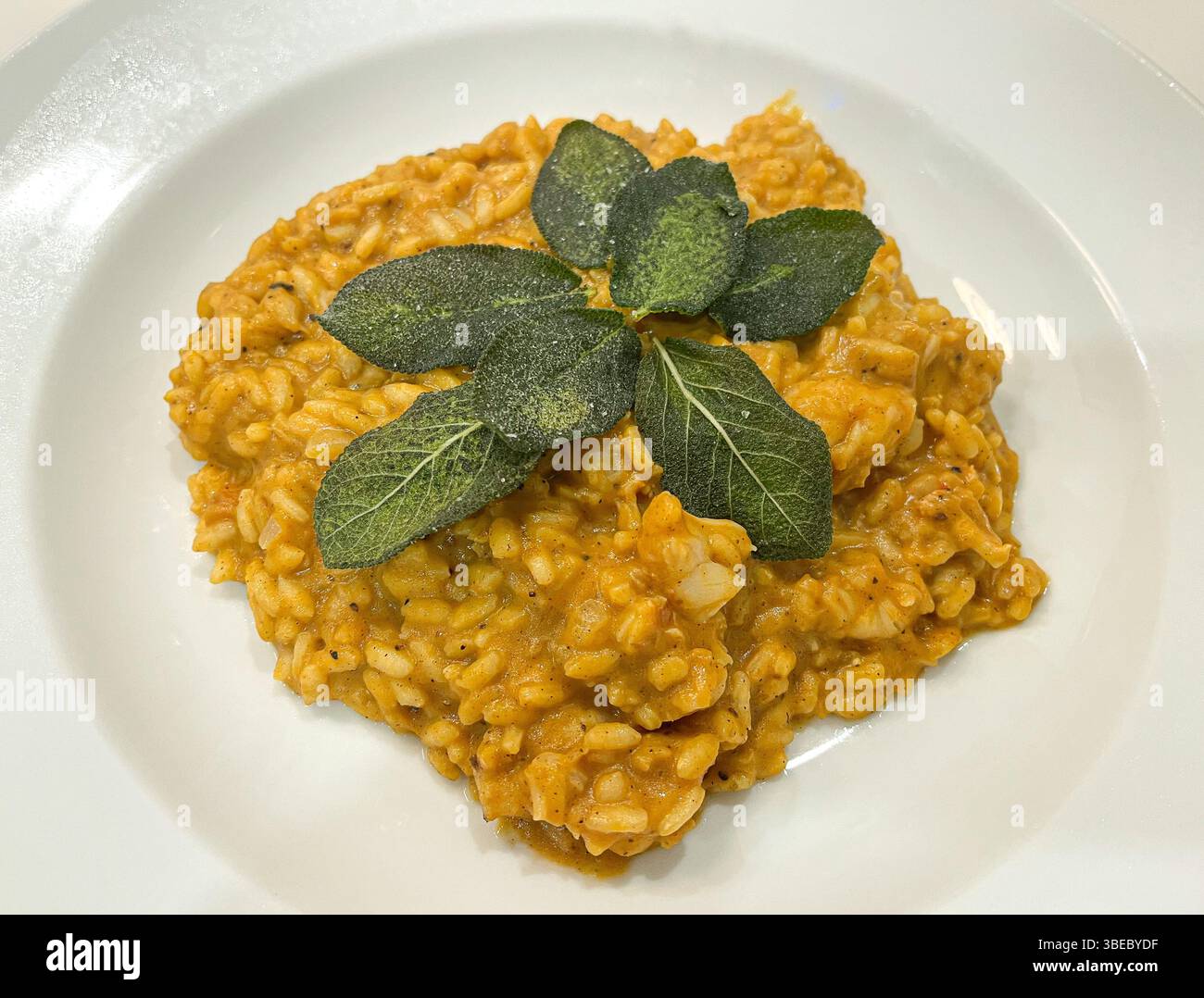 Butternut-Kürbis-Risotto mit gebratenen Salbei-Blättern Stockfoto