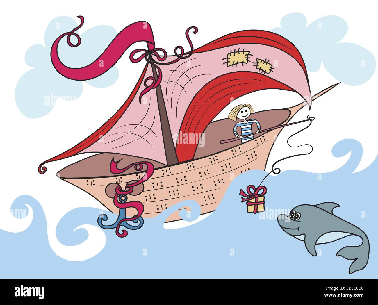 Fabelhafte Boot segeln auf dem Ozean, der Seemann an Bord warf einen Dolphin Geschenk auf der Stange Stockfoto