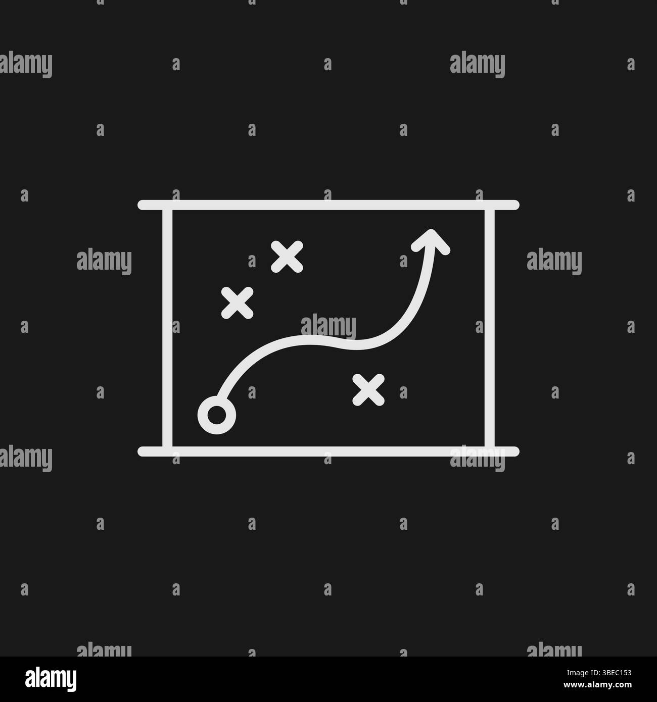 Weißes Umrisssymbol des strategischen Plans mit Hindernissen und minimalistischem Vektor auf schwarzem Hintergrund Stock Vektor