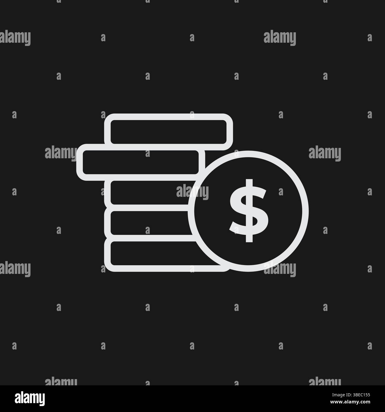 Weißes Umrisssymbol des Münzstapels mit Dollarsymbol auf schwarzem Hintergrund minimalistische Finanzen, Geld, Währung, Vermögen, Banking Vektor Stock Vektor