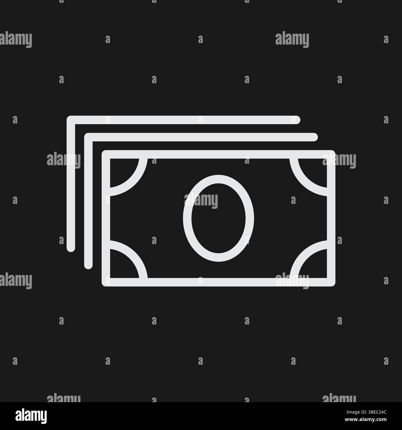 Weißes Umrisssymbol – Stapel mit Bargeld-Scheinen auf schwarzem Hintergrund, die Finanzen oder Zahlung darstellen Stock Vektor