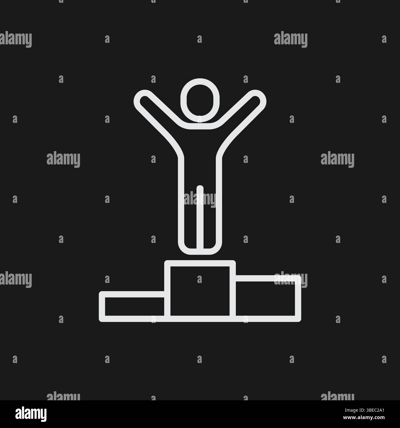 Weiße Umrisssymbole Person, die auf dem Siegerpodest steht, mit erhobenen Armen auf schwarzem Hintergrund, die Sieg oder Erfolg repräsentieren Stock Vektor