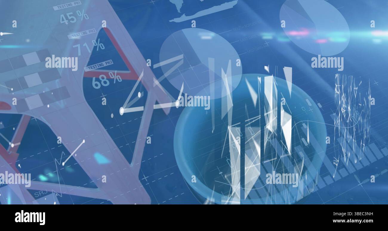 Bild der Datenverarbeitung über digitale Schnittstelle auf blauem Hintergrund Stockfoto