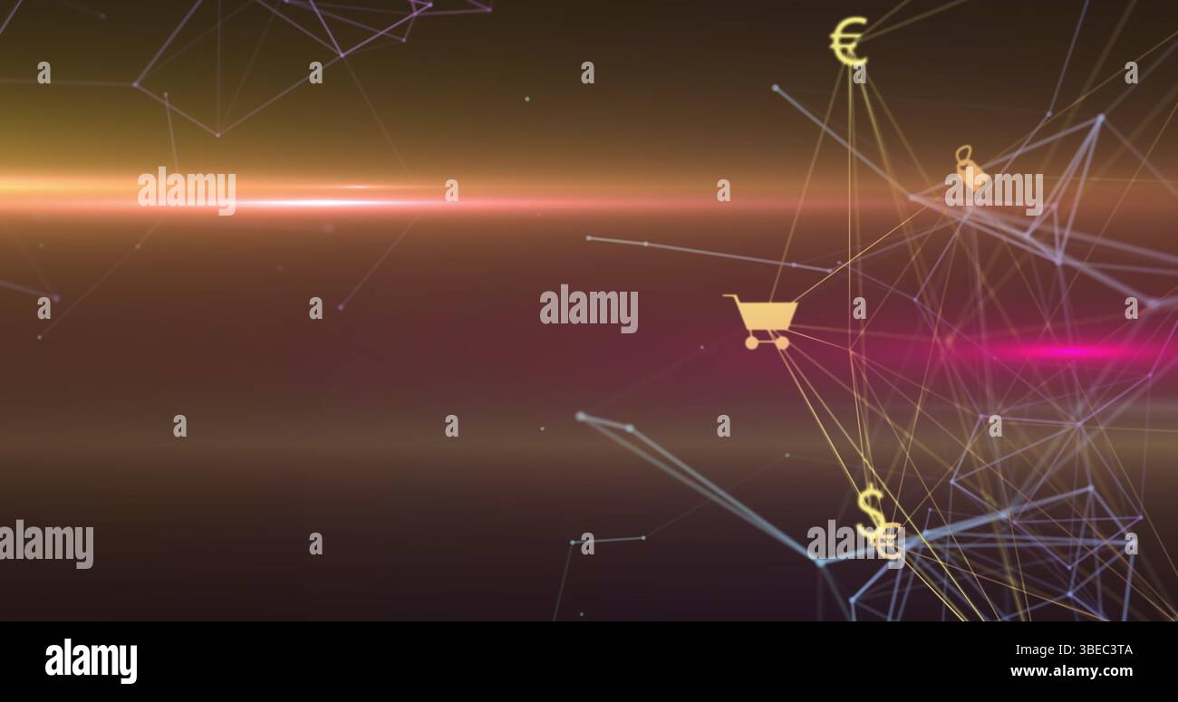 Anzeigen von Netzwerkverbindungen im digitalen Raum, mit Symbolen für Gerätewagen, Euro, US-Dollar, Vorhängeschloss, Kopierbereich Stockfoto