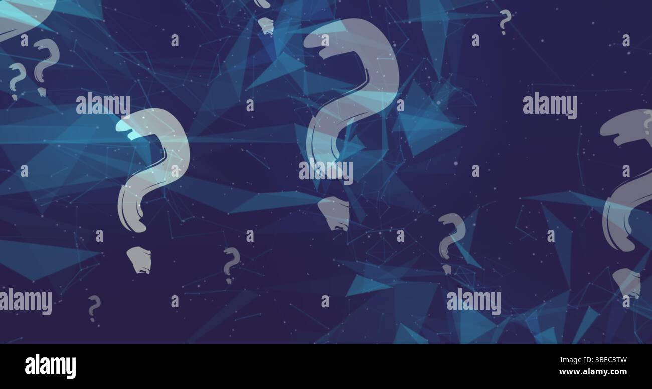 Schwebendes großes beigefarbenes Fragezeichen mit Pinselstrich im virtuellen Raum, mit Polygonen, Knoten und Linien Stockfoto