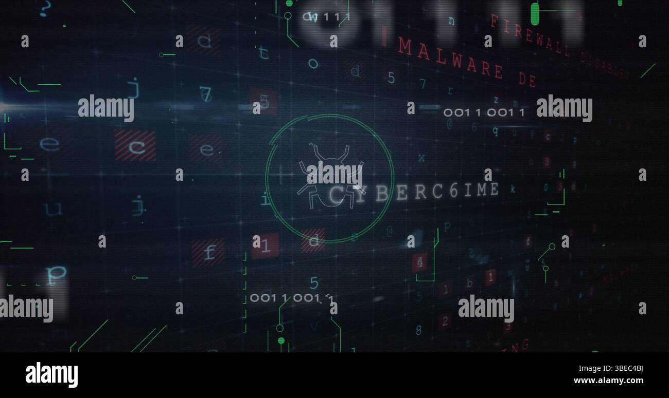 Bild von Cyberkriminalität, Scan und Virus auf schwarzem Hintergrund Stockfoto