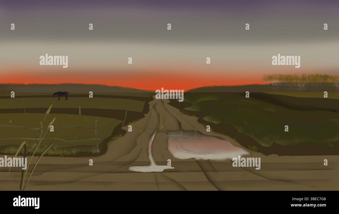 Ein digitales Gemälde einer ländlichen Landschaft bei Sonnenuntergang, mit einer unbefestigten Straße mit Pfützen, einem grasenden Pferd auf einem umzäunten Feld und einem fernen roten Horizont. T Stockfoto
