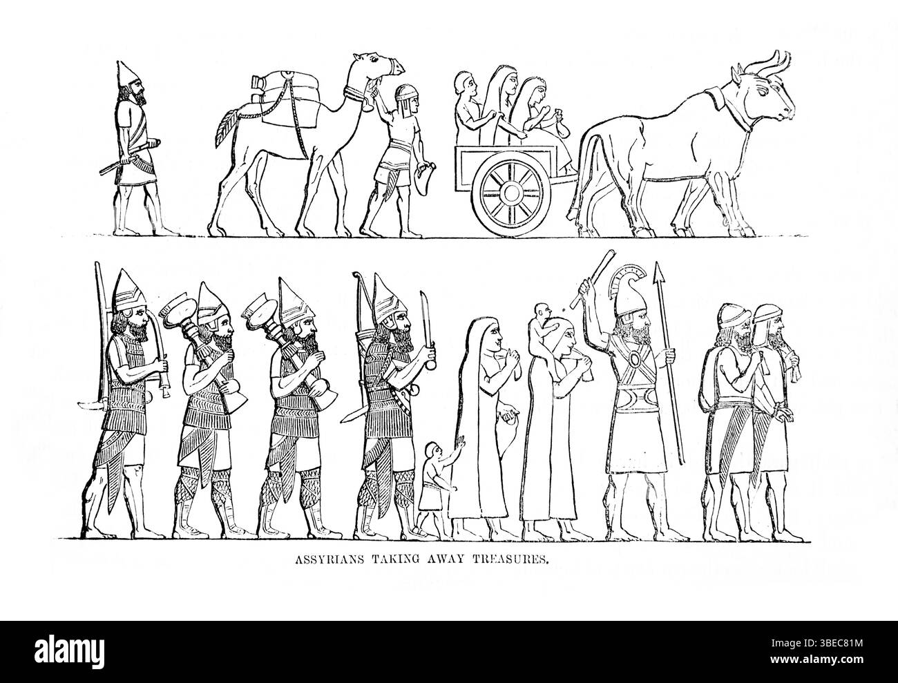 Illustration der Assyrer, die Schätze (Jesaja) aus dem antiken 19. Jahrhundert nehmen die Bibel mit dem Alten und Neuen Testament mit Explan Stockfoto
