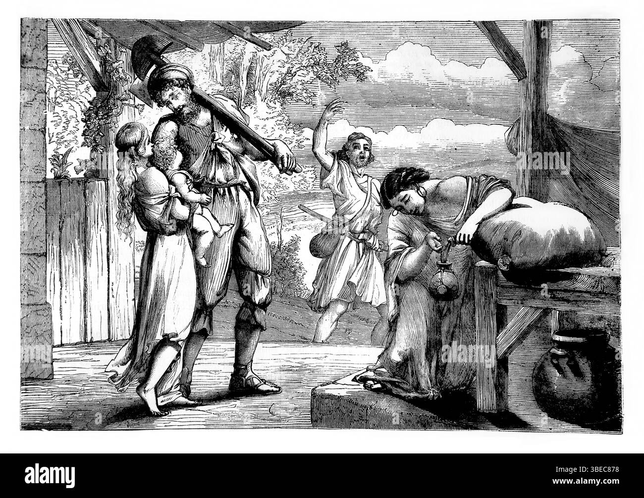 Illustration von Psalm CIV.23 der Mensch geht zu seinem Werk und zu seiner Arbeit hinaus bis zum Abend aus dem Antiken 19. Jahrhundert die Heilige Bibel mit der Heiligen Bibel Stockfoto