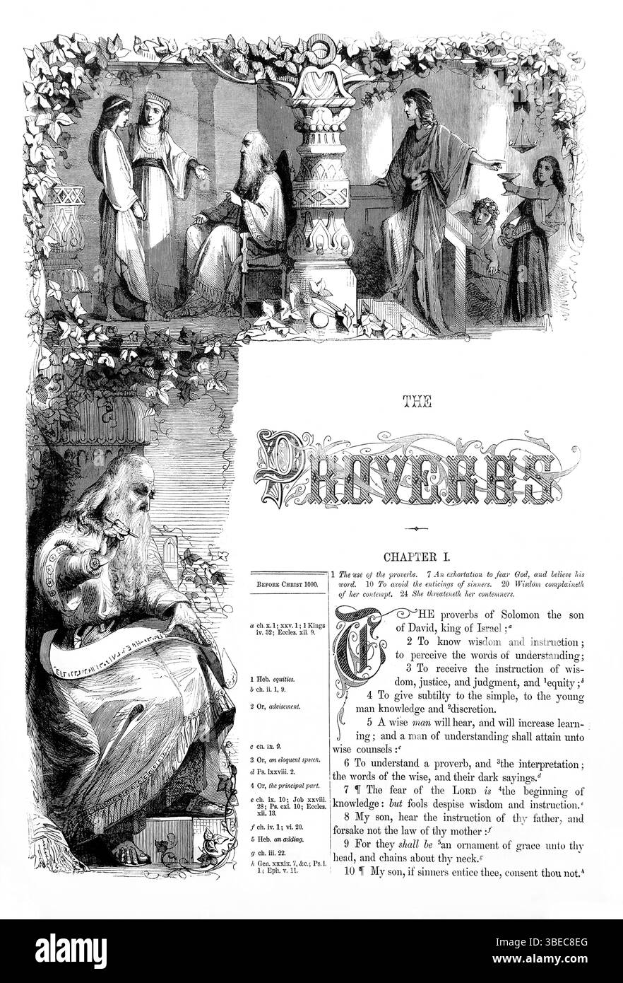 Titelseite des Buches der Sprüche (Sprüche des Salomon) aus dem antiken 19. Jahrhundert die Heilige Bibel enthält das Alte und das neue Testament mit Explanato Stockfoto