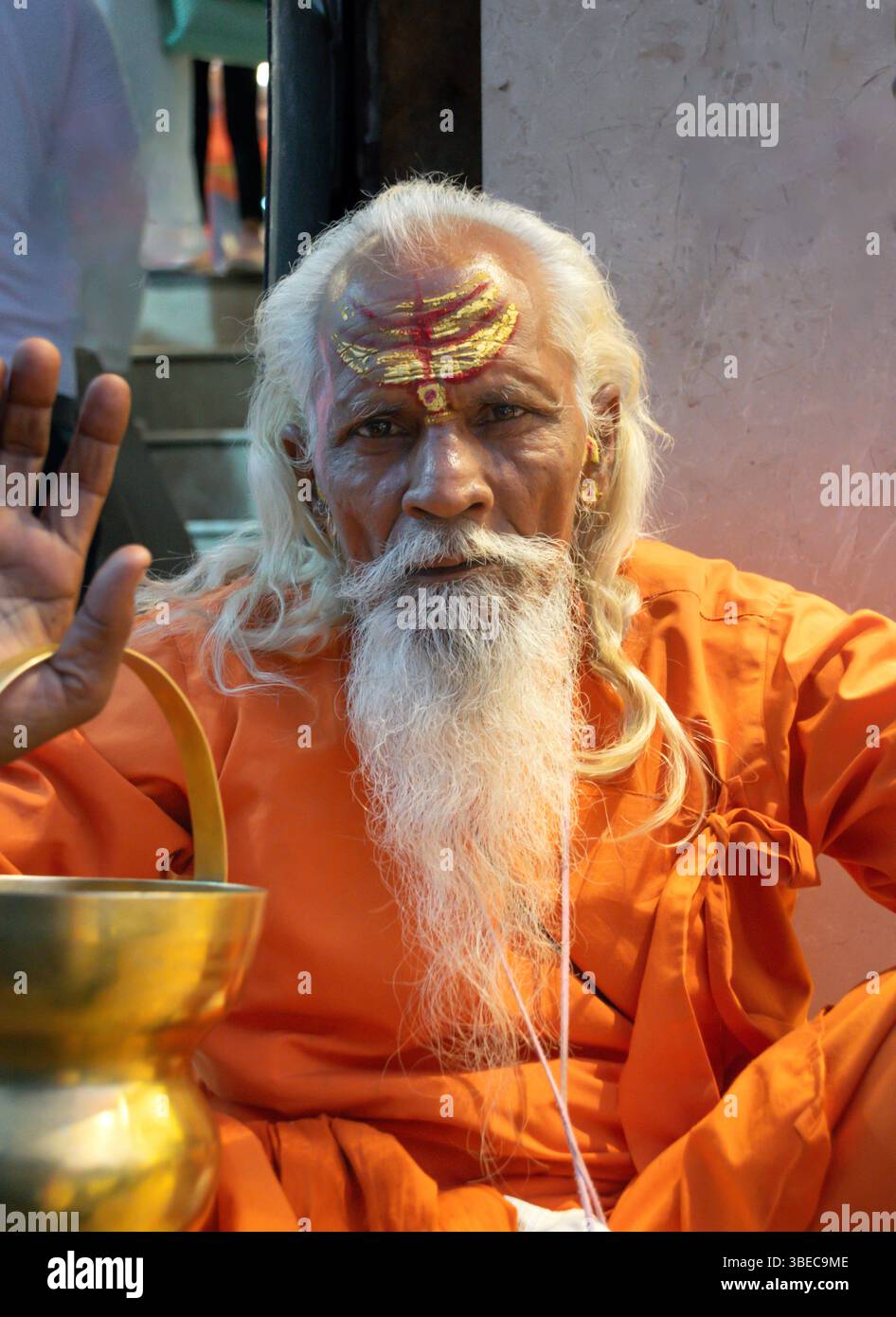Asketischer Mönch Sadhu in Indien mit Bart, weißem Haar und gemaltem Gesicht predigt vor der Kamera Stockfoto
