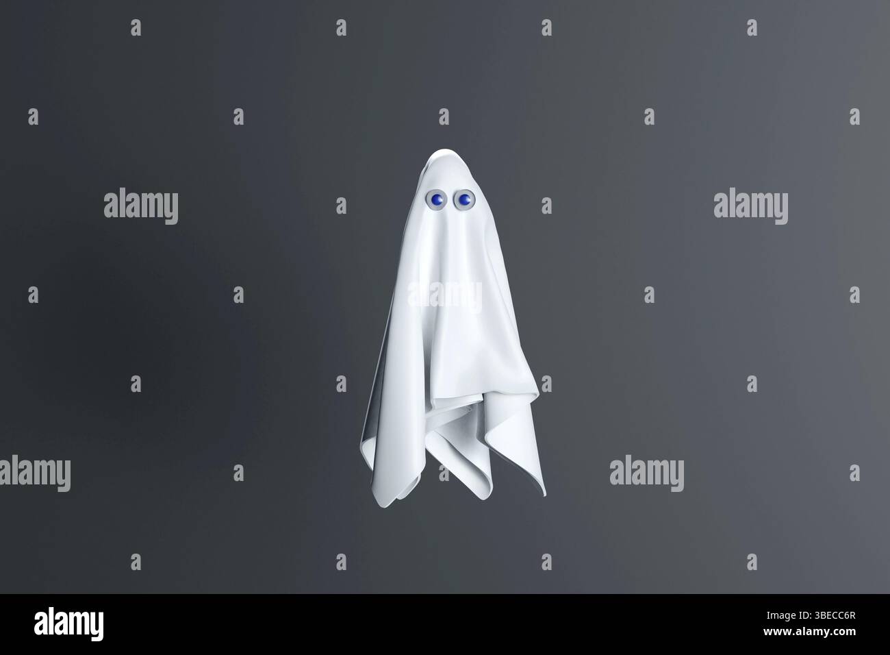 Geisterzeichen auf blauem Hintergrund. Weißes Blatt mit Augen. 3d Rendering von Halloween Kreatur. Hochwertige 3d-Illustration Stockfoto