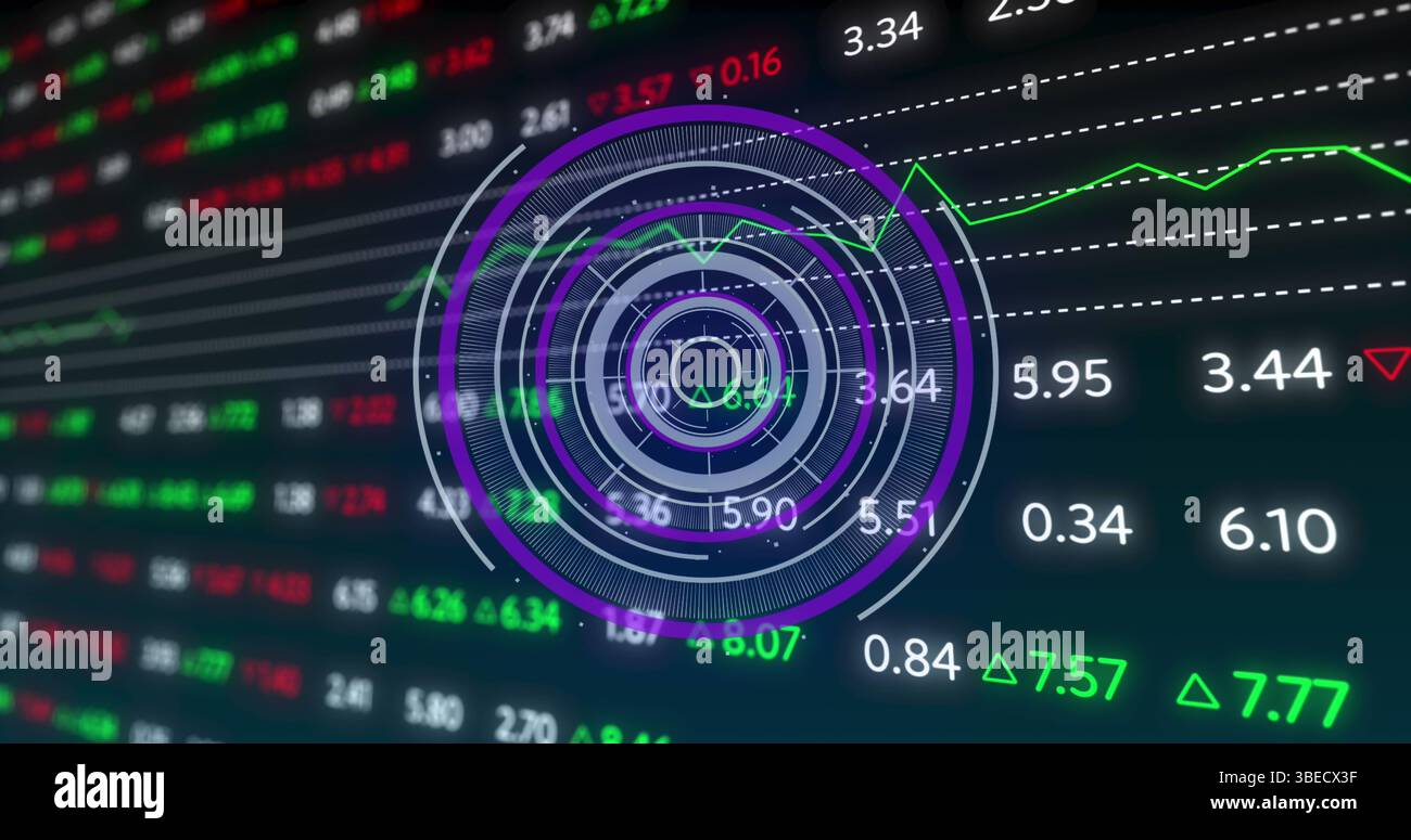 Bild des Verarbeitungskreises und der Finanzdaten auf schwarzem Hintergrund Stockfoto