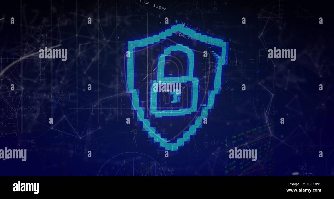 Sicherheitsvorhängeschloss-Schild-Symbol über Netzwerk von Verbindungen vor blauem Hintergrund Stockfoto