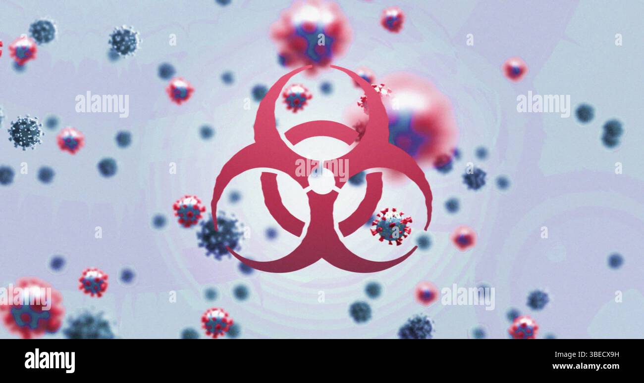 Bild des Biohazard-Symbols über Viruszellen Stockfoto