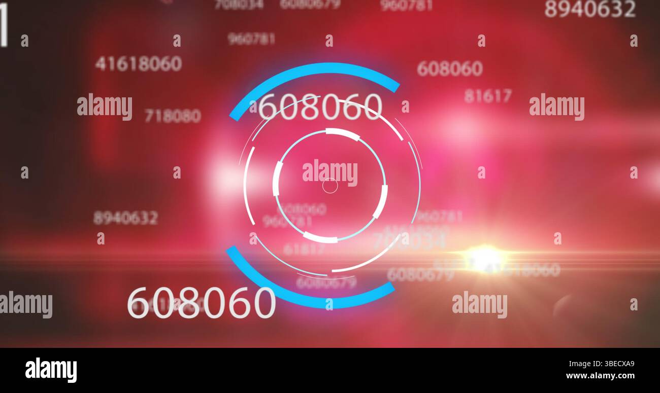 Bild der Zahlen und des Verarbeitungskreises auf rotem Hintergrund Stockfoto