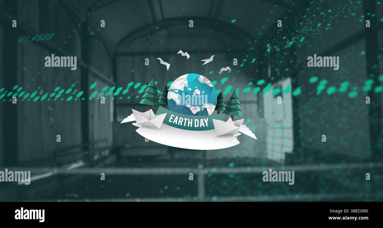 Bild: Text des Erdtags über Datenverarbeitung und leerem Raum Stockfoto