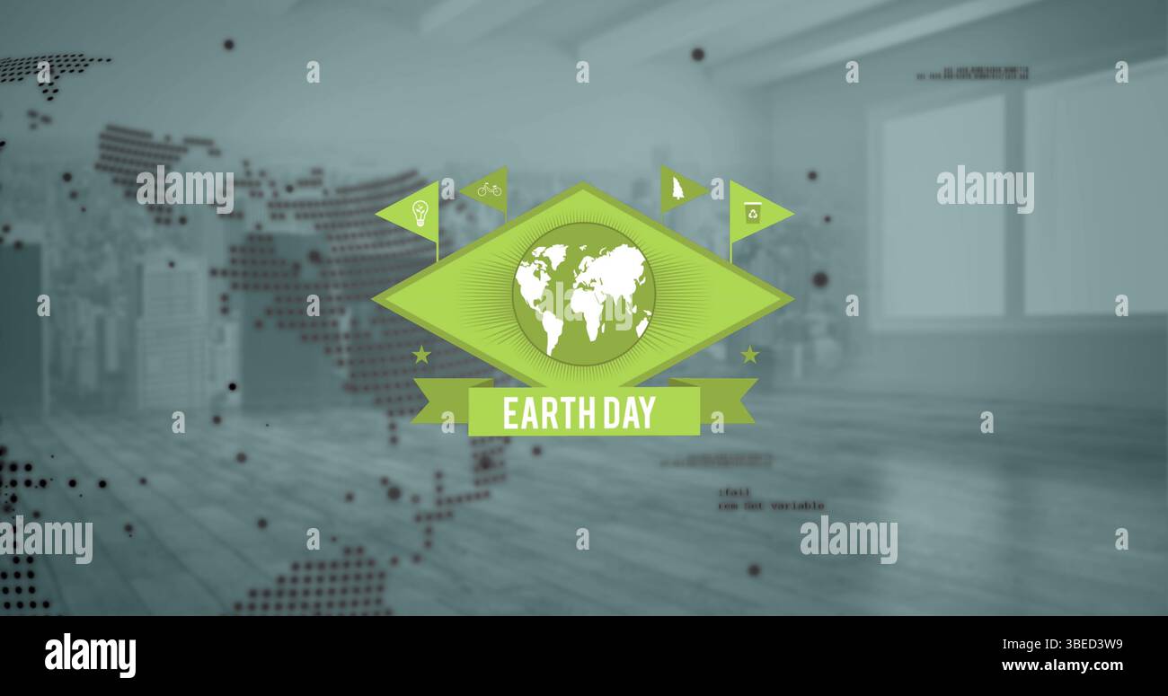 Bild des Textes des Erdtags über dem Globus, Datenverarbeitung und leerem Raum Stockfoto