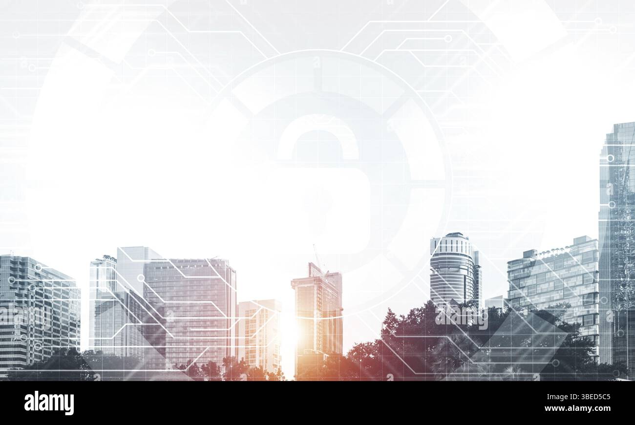 Cybersecurity mixed Media mit virtuellen Verriegelung Schloss auf dem Stadtbild Hintergrund. Datenschutz. Schutz persönlicher Daten und der Privatsphäre von cybera Stockfoto