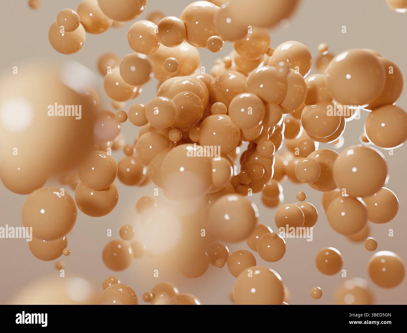 3D-Rendering von orangefarbenen Hochglanzkugeln, die umherschwebten. Abstrakte Zusammensetzung von Kollagenblasen oder Stammzellen. Hochwertige 3D-Illustration Stockfoto