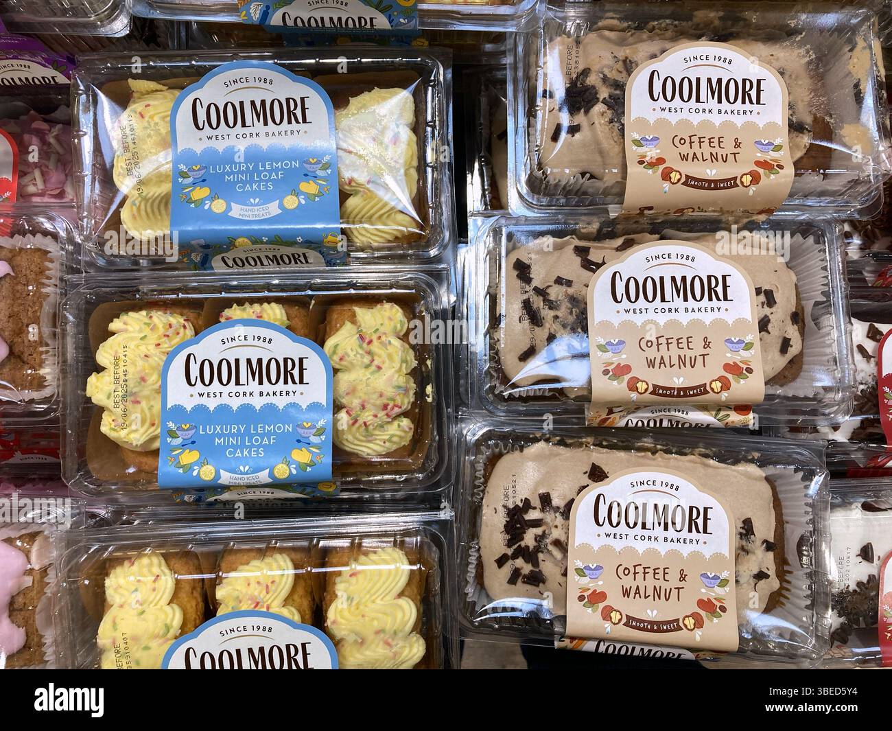 Coolmore Lemon Mini Loaf Cake sowie Kaffee- und Walnusskuchen zum Verkauf im Supermarkt, Großbritannien Stockfoto