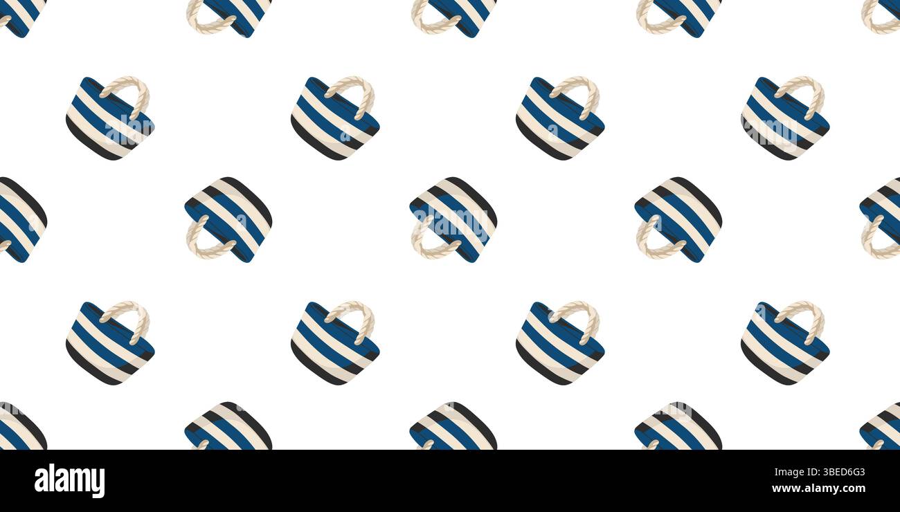 Nahtloses Sommermuster mit Strandtasche in marineblauen Streifen. Hintergrund des Zeichentrickvektors Stock Vektor