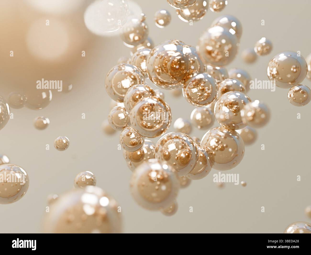 3D-Rendering von goldenen Kollagentropfen, Serum oder Vitaminen zur Hautpflege und -Behandlung. Abstrakter chemischer Hintergrund. Hochwertige 3D-Illustration Stockfoto