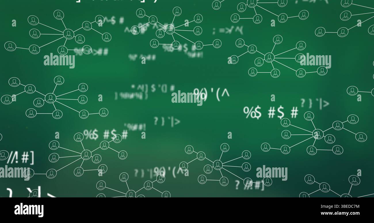 Mehrere sich ändernde mathematische Symbole gegen ein Netzwerk digitaler Symbole vor grünem Hintergrund Stockfoto