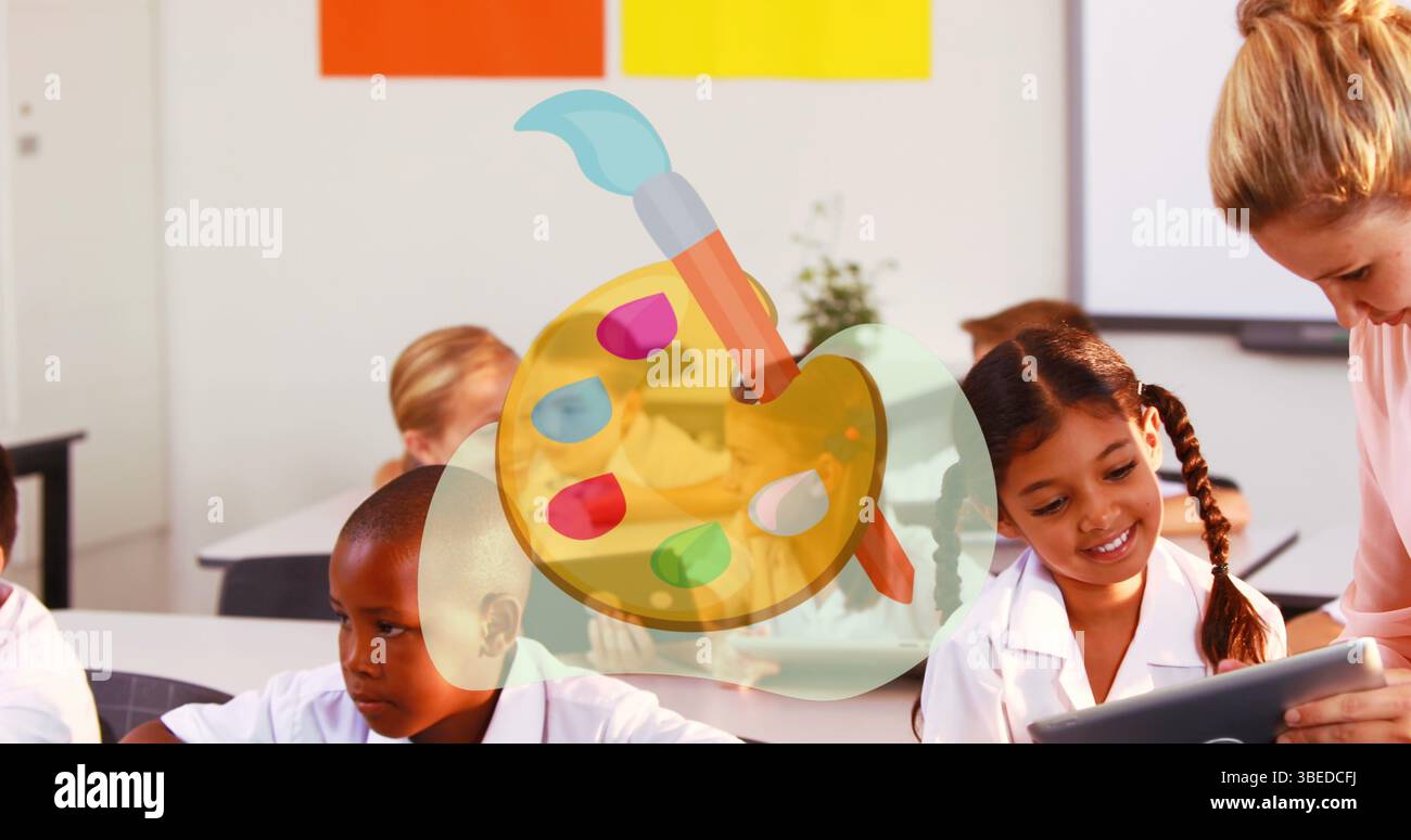 Bild von Schulsymbolen über verschiedenen Schulkindern mit Lehrer Stockfoto