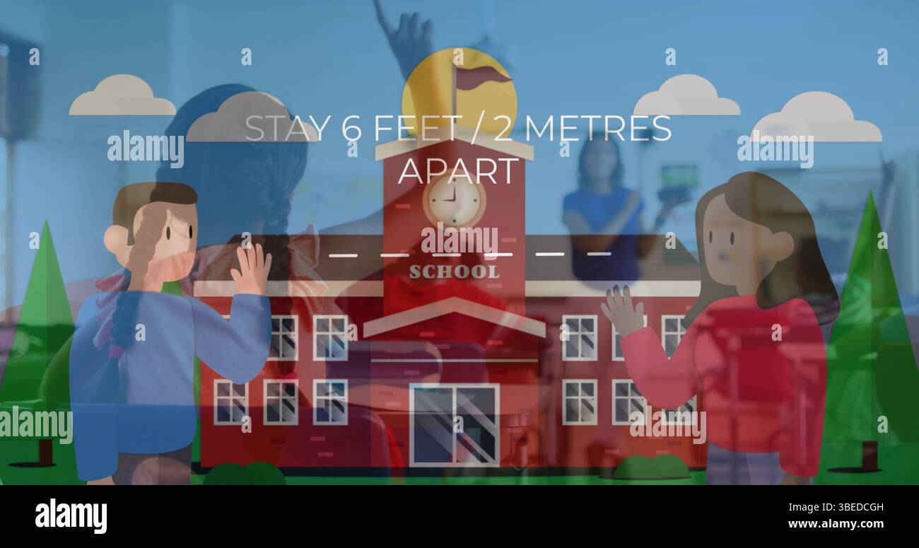 Bild von Schulsymbolen über verschiedenen Schulkindern mit Lehrer Stockfoto