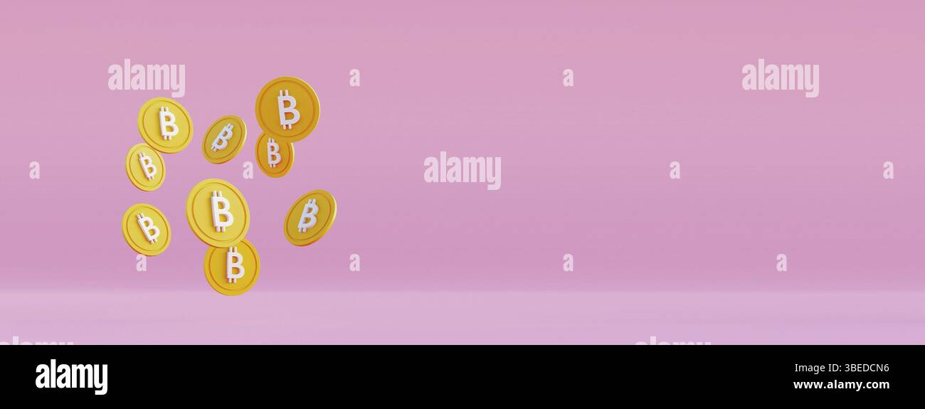 Bitcoin schwankende Münzen. Finanztransaktionen mit Kryptowährungen, die mithilfe der Blockchain-Technologie durchgeführt werden. Mining btc 3D-Rendering im Cartoon-Stil. Hohe Qualität 3D Stockfoto