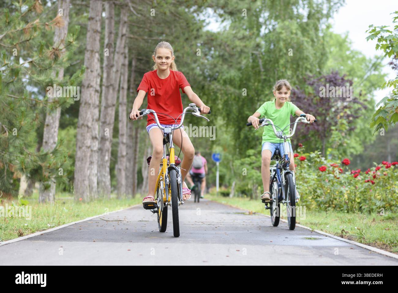 Zwei Mädchen fahren auf einem Radweg mit dem Fahrrad Stockfoto