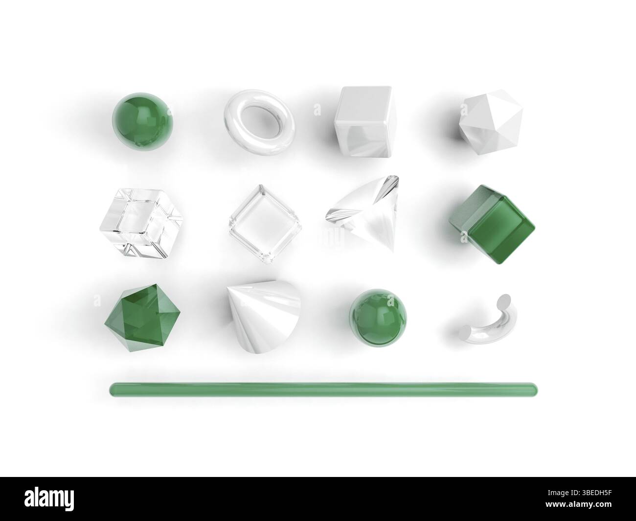 Satz von 3D-Rendern realistische Grundkörper auf weißem Hintergrund. Grüne und weiße Farben. Abstrakter trendiger Hintergrund. Draufsicht Stockfoto