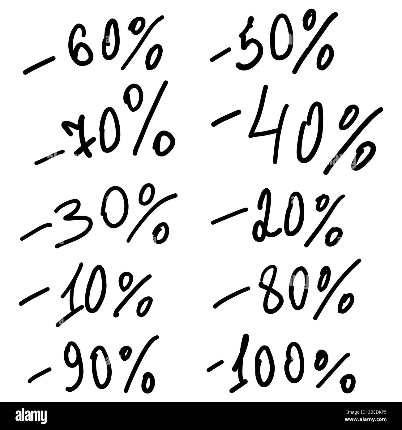 Rabatt in Prozent festgelegt. Schwarzer handgeschriebener Text. Weißer Hintergrund. Symbol für Vektorwerbung. Stock Vektor