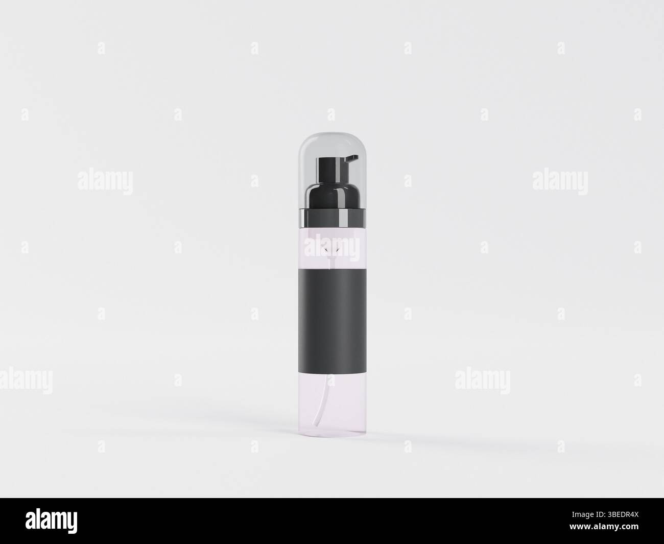 3D-Rendering-Set mit Flaschen für Naturlotion, Creme oder Serumkosmetik. Nachbildung leerer Behälter für Selbstpflegeprodukte. Hochwertige 3D-Illustration Stockfoto