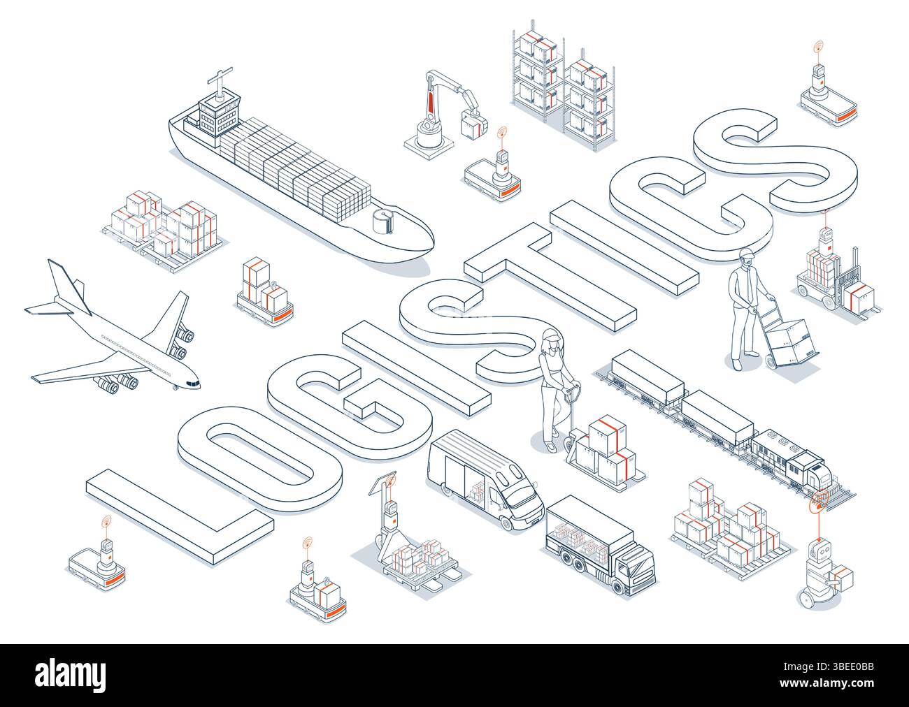 Globales Logistiknetzwerk. Isometrische 3D-Szenen, die Export- und Importoperationen über Luft-, Straßen-, Schienen- und Frachtdienste zeigen. Stock Vektor