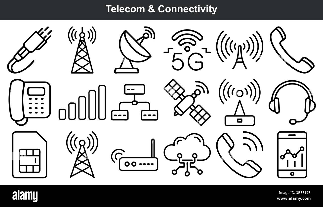 Symbole für die Telekommunikationskonnektivität drahtlose Netzwerktechnologie Stock Vektor