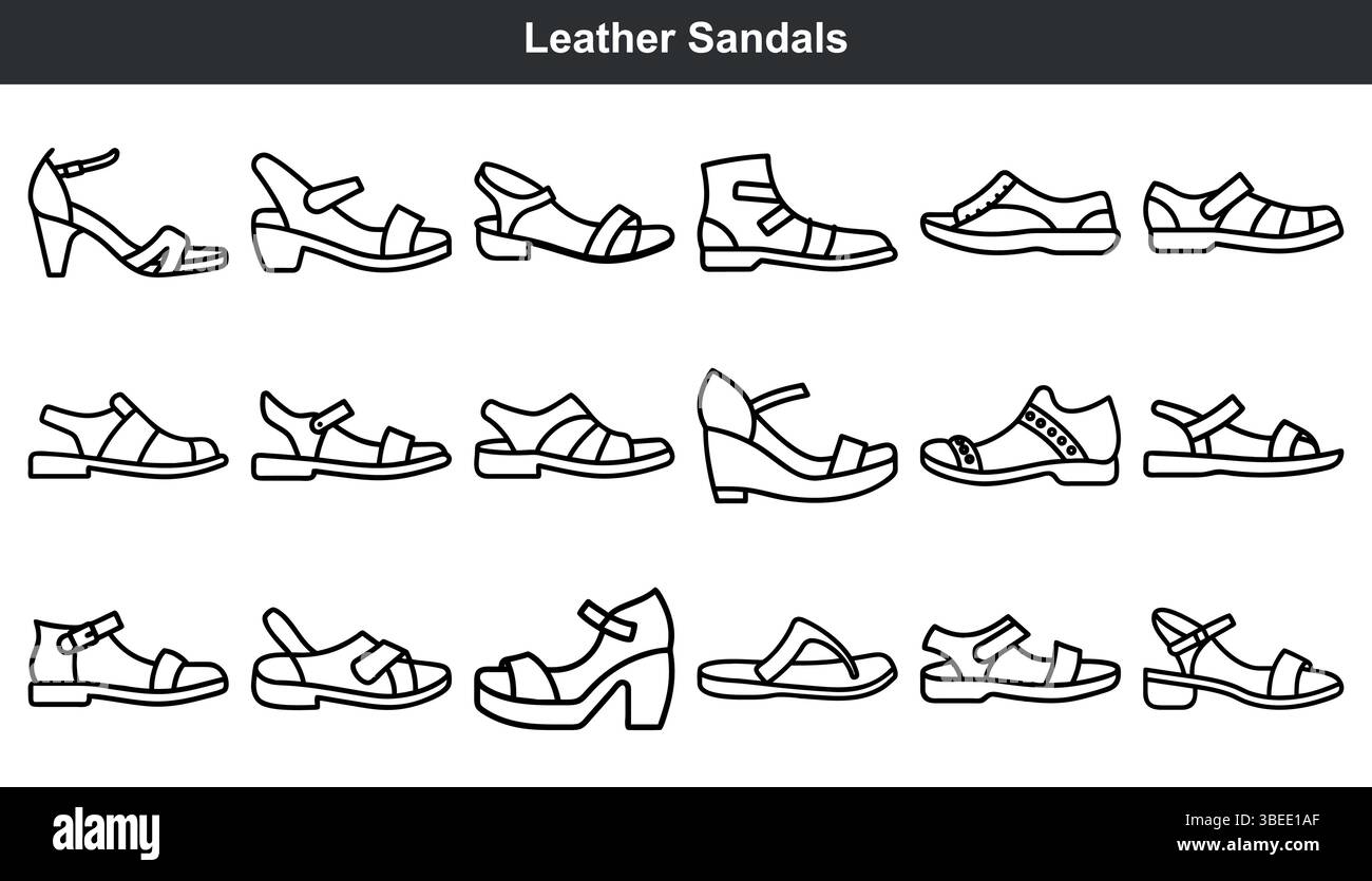 Stilvolle Ledersandalen Kollektion Sommer Mode Schuhe Stock Vektor