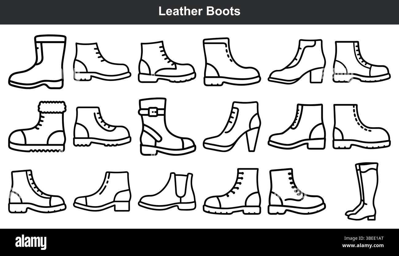 Kollektion mit stylischen Lederstiefeln Schuhdesigns Stock Vektor