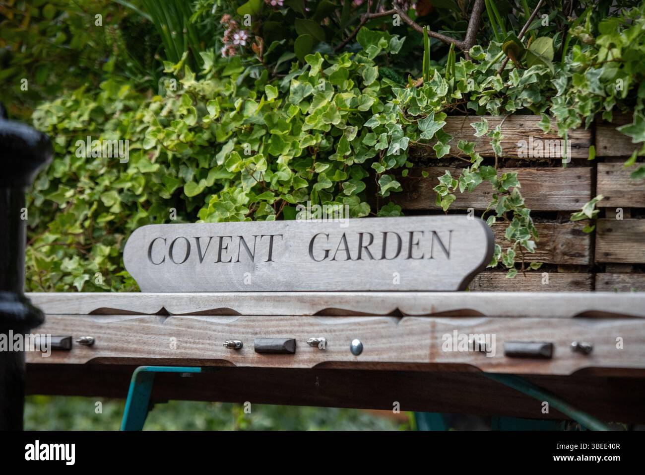 Ein hölzernes Covent Garden Schild inmitten von lebhaftem Grün in London. Diese legendäre Lage bietet eine malerische urbane Oase. Stockfoto