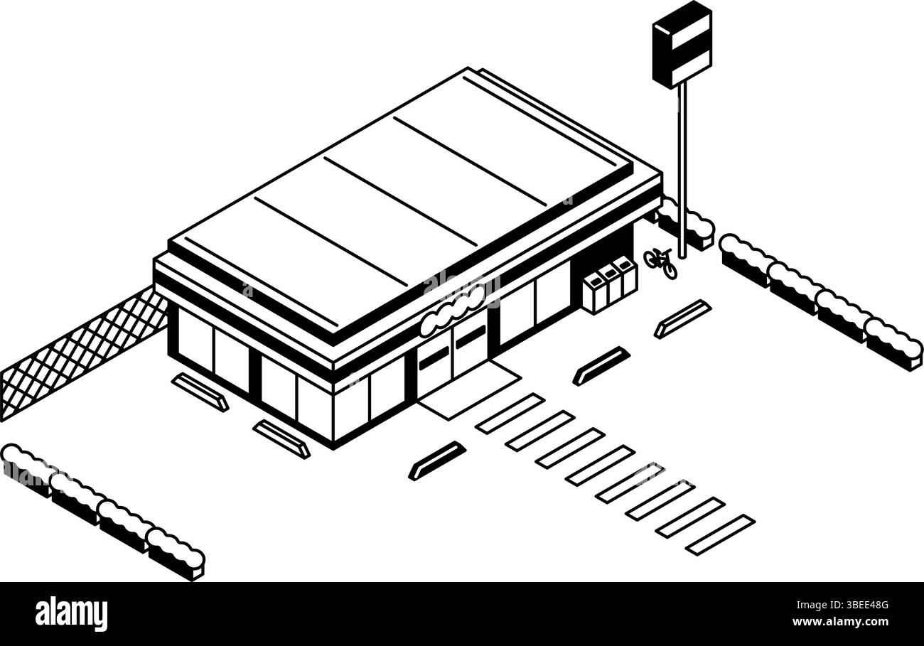 24-Stunden-Geschäft ohne Autos auf dem Parkplatz, einfache isometrische Abbildung der schwarzen und weißen Linie, Vektorillustration Stock Vektor