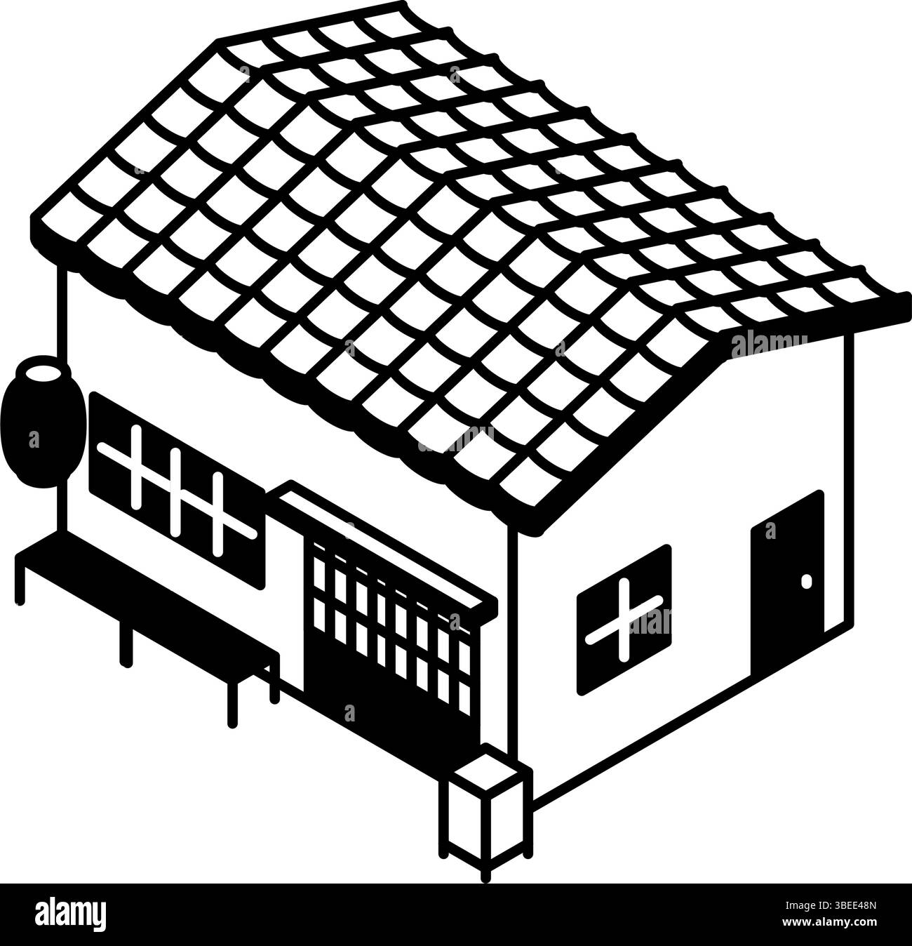 Taverne im japanischen Stil mit gekacheltem Dach und Schiebetür mit roter Retro-Laterne, isometrische Illustration einer einfachen schwarz-weißen Linienzeichnung, Vektor I Stock Vektor
