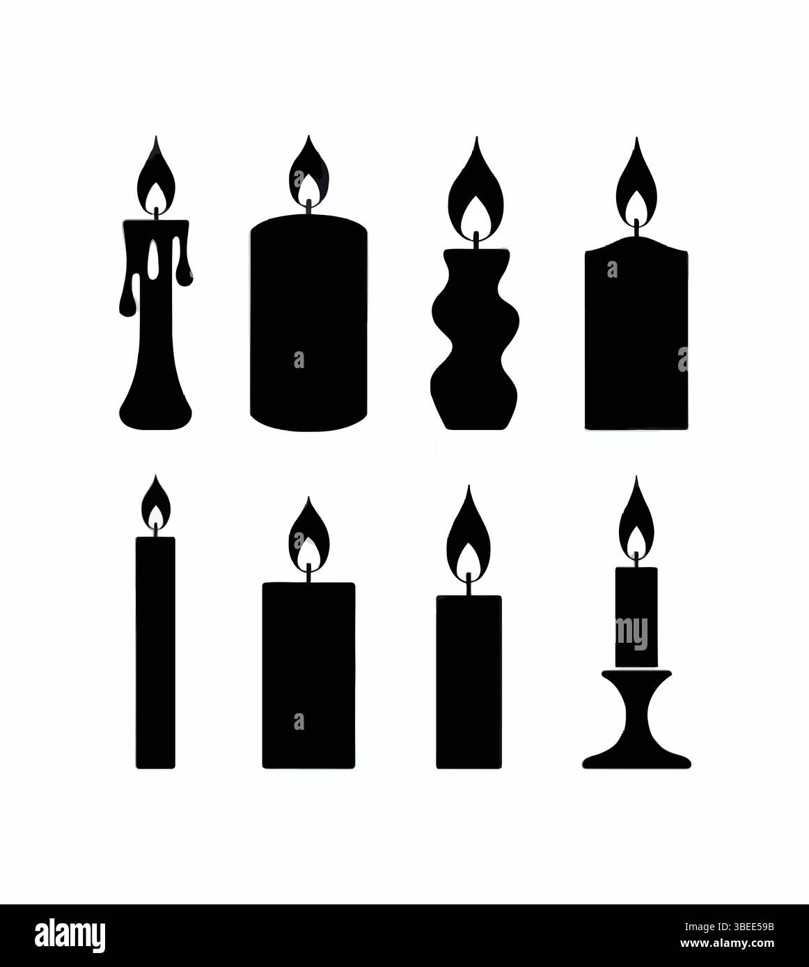 Einfache schwarze Kerzensymbole mit Flammenelementen, ideal für religiöse, festliche, spirituelle und Gedenkthemen Stock Vektor