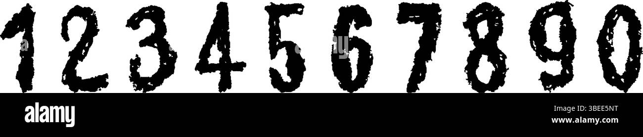 Schwarze Zahlen 0-9, handgezeichnet mit Wachsmalstift oder Pastellstil. Textmarker-Effekt auf einem Whiteboard, perfekt zum Zeichnen und Lernen im Kindergarten Stock Vektor