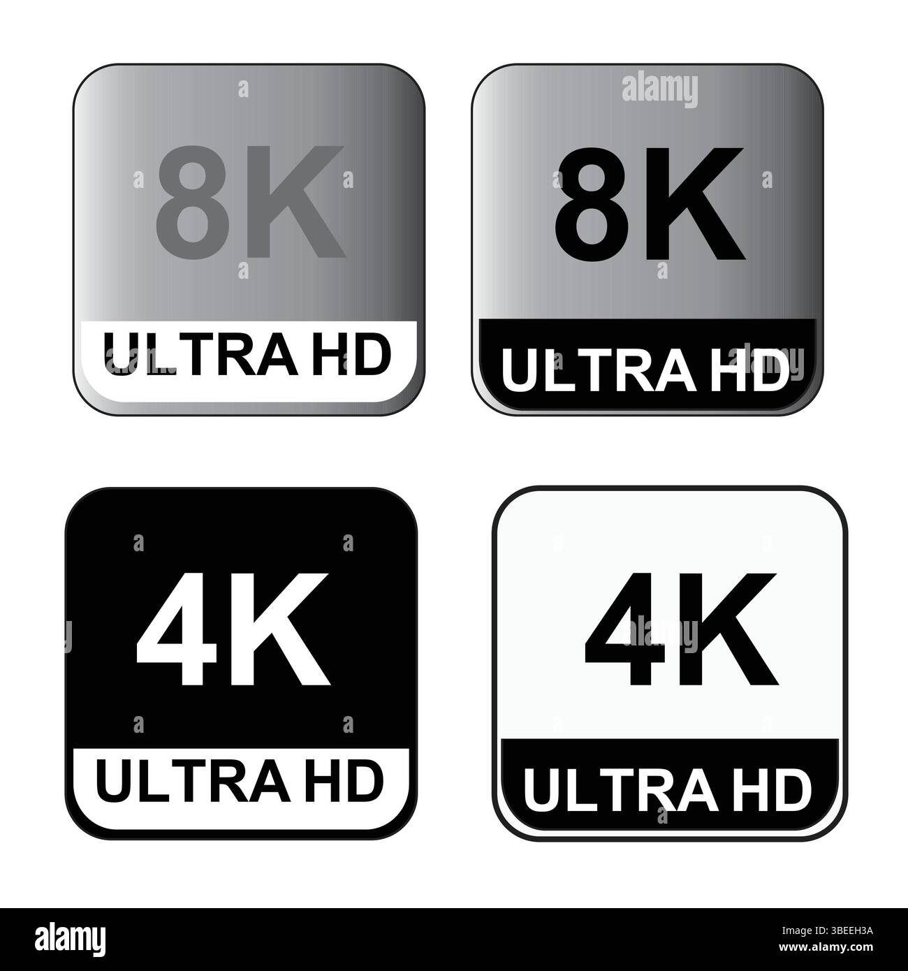 4K 8K Ultra HD Videoformat Vektorsatz. Symbol für hochauflösenden Web-tv-Bildschirm, Vektorabbildung 2 Symbol für 8K Ultra HD-Symbole Stock Vektor